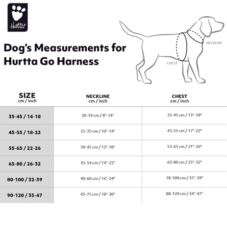 Size chart for dog harness Hurtta Go harness