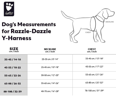 Größentabelle für Hundegeschirre Hurtta Razzle Dazzle Y-Geschirr