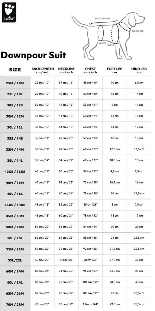 Size chart Hurtta Downpour Overall for dogs