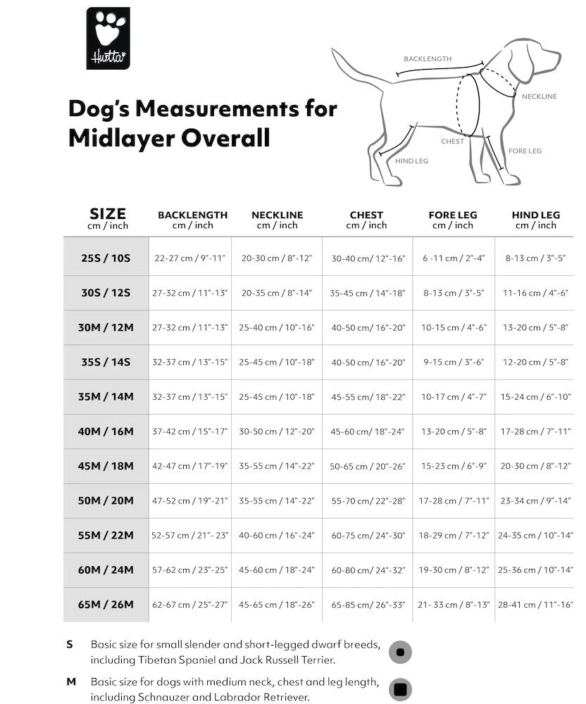 Size chart for dog overalls Hurtta Midlayer Overall