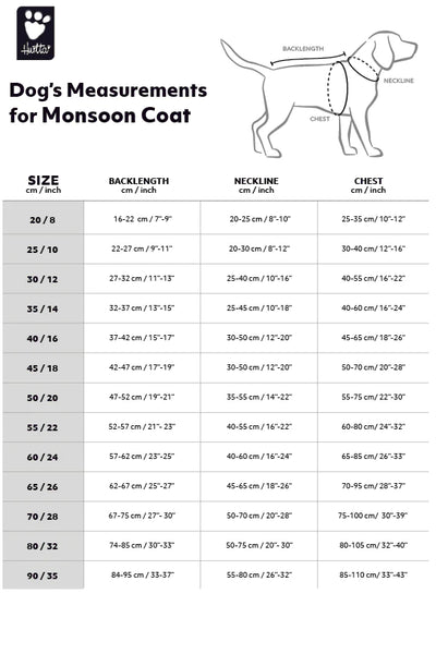 Größentabelle Hurtta Monsoon Regendecke für Hunde