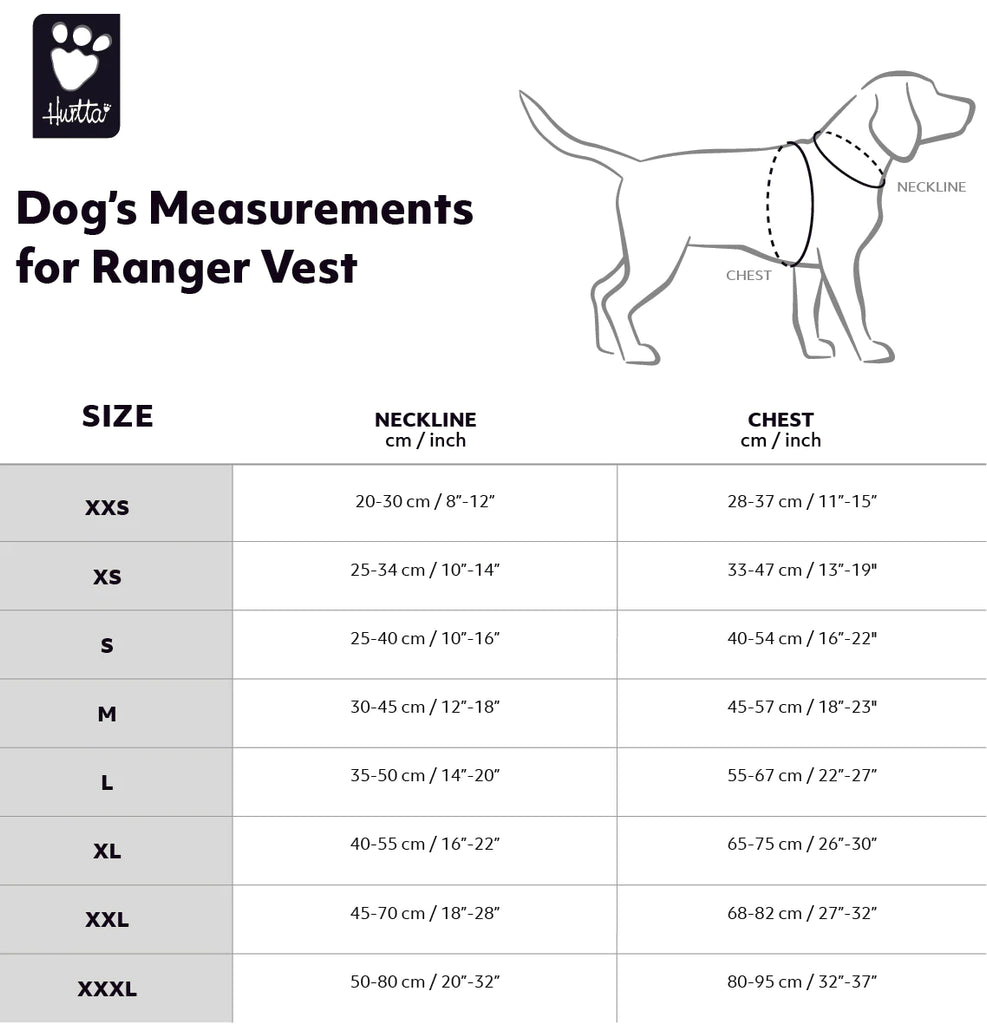 Size guide for Hurtta Ranger Vest Reflective vest & Dogmania