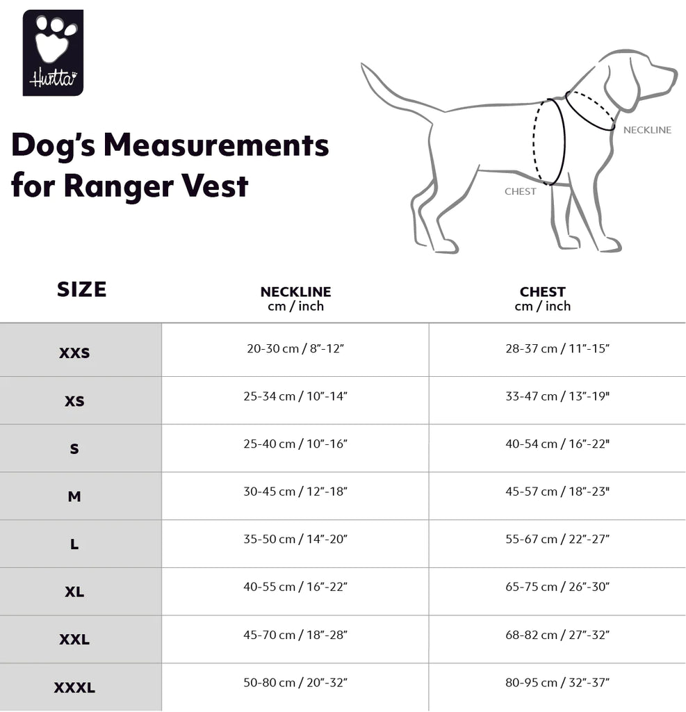 Größentabelle Hurtta Ranger Vest reflektierende Weste für Hunde