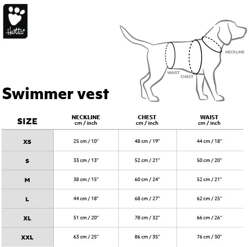 Size chart Hurtta Swimmer Vest life jacket for dogs