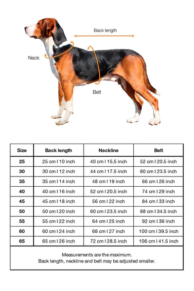Size guide for rain overalls for dogs, PAIKKA Rain Suit at dogmania.se