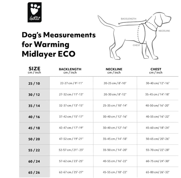 Size chart for dog blanket Warming Midlayer from Hurtta