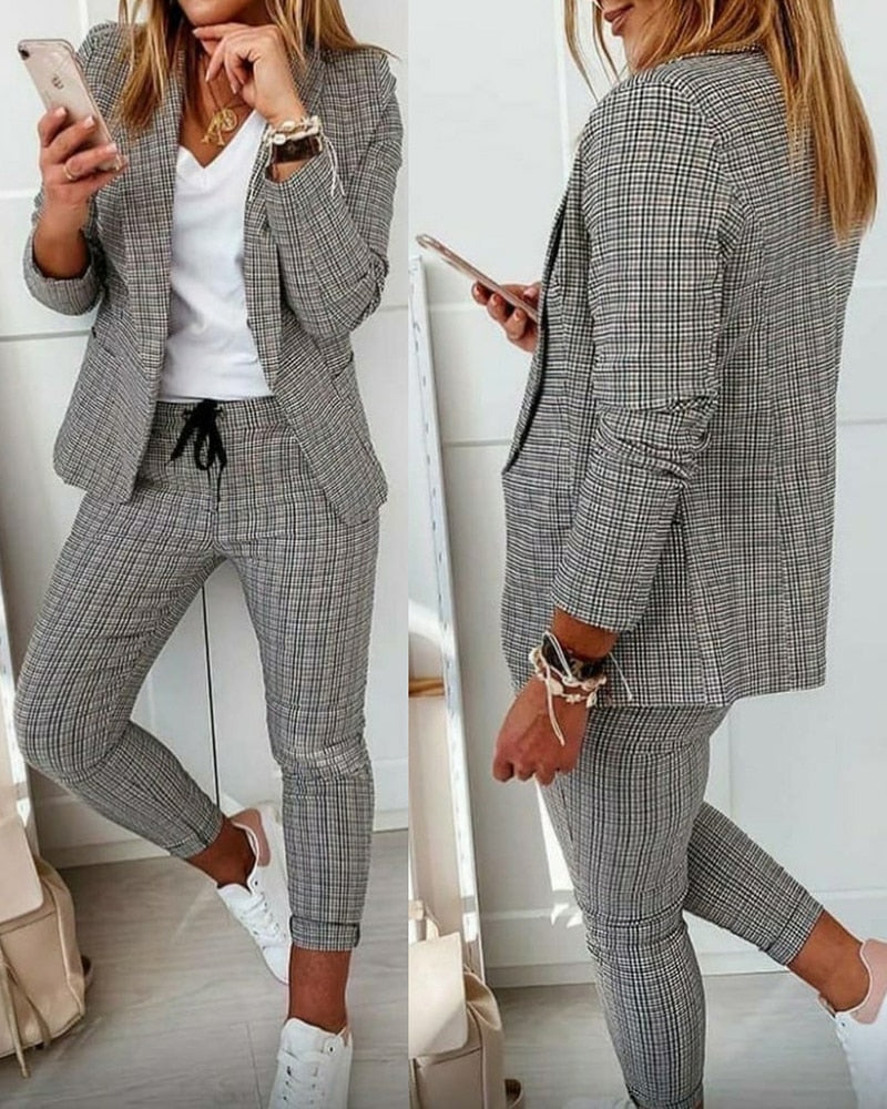 PENERAN Autumn Women Plaid Print Blazer Coat & Drawstring Pants Sets 2 ...