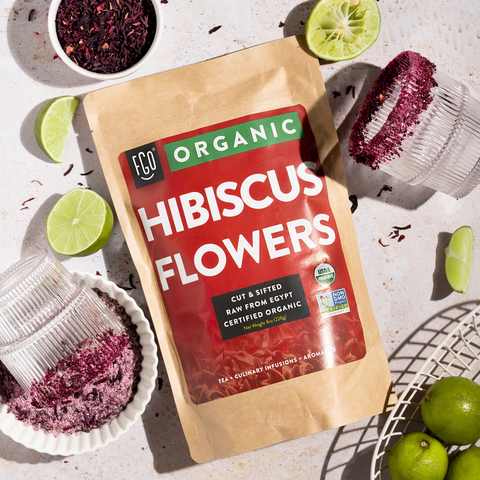 Organic dried hibiscus flowers, an ingredient used to make the salt rim in a hibiscus coconut margarita.