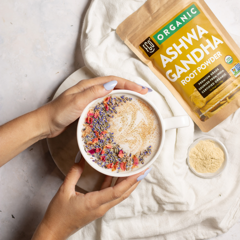 Hands holding a cup of moon milk latte made from organic ashwagandha powder.