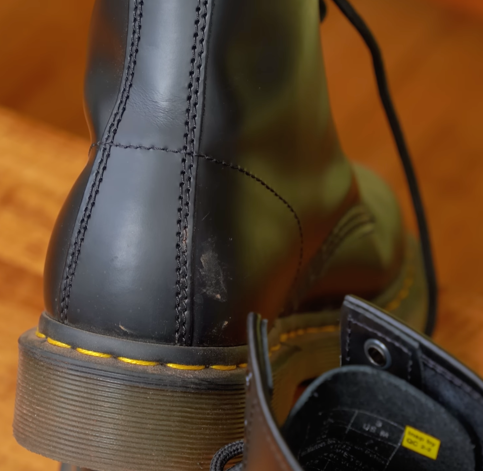 Dr. Martens 1460 Black Leather Boots close up of heel