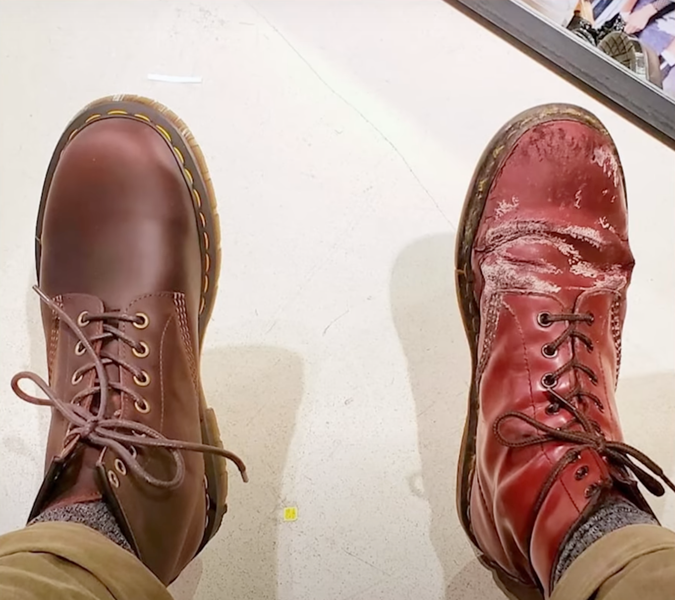Dr. Martens Red Boots, one new and one old and aged