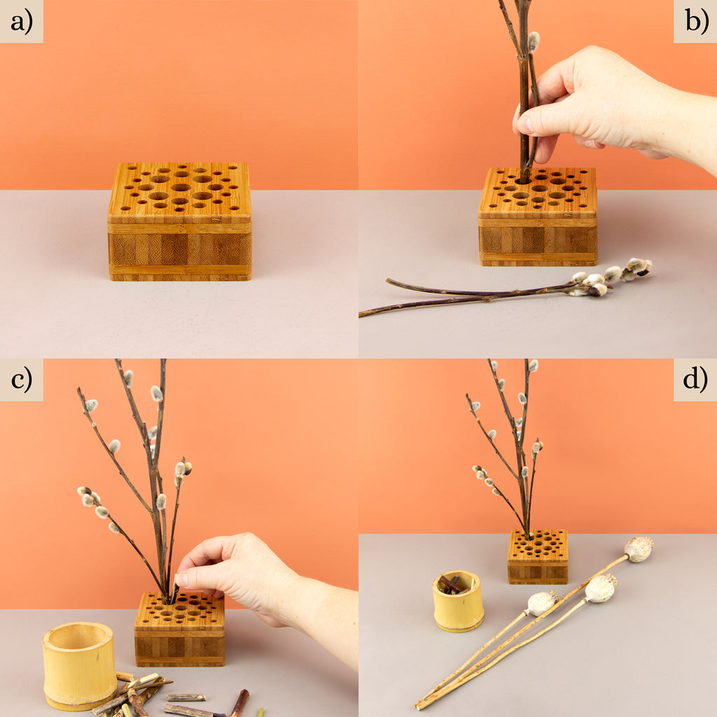 Steps a) to d): How to make an asymmetrical dry flower display