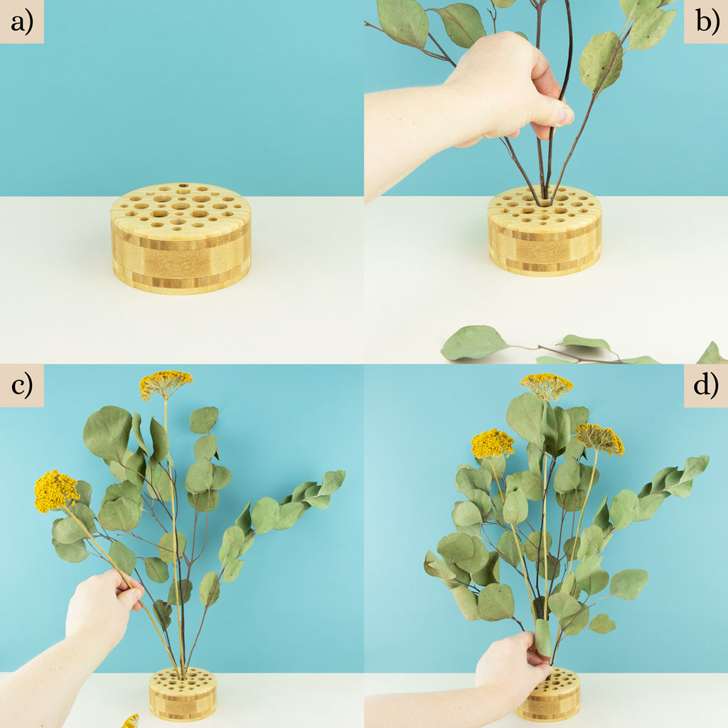 Steps a) to d): How to make an centred dry flower display