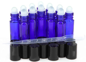 blue glass roller bottles