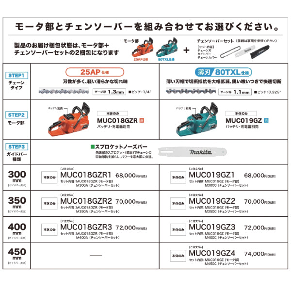 モーター部とチェンソーバーを組み合わせてお選びください