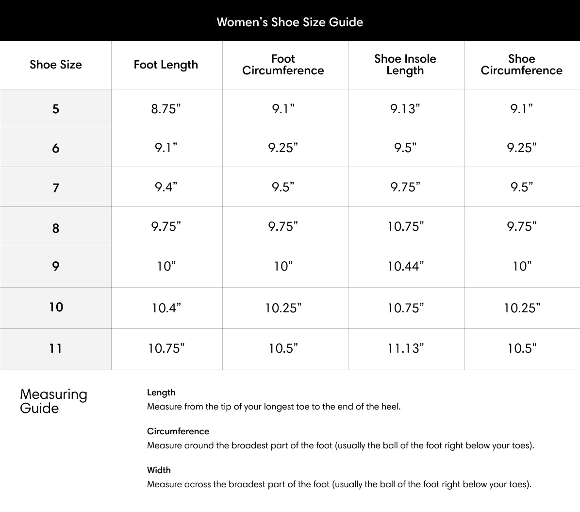 June Adaptive Size Chart for Friendly Shoes (Women)