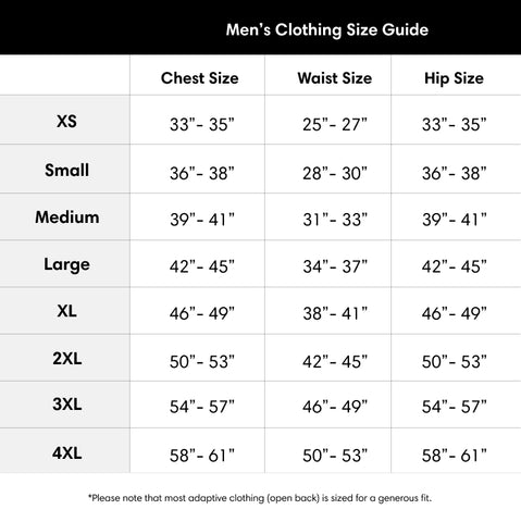 June Adaptive Size Chart for Silverts Men's Clothing