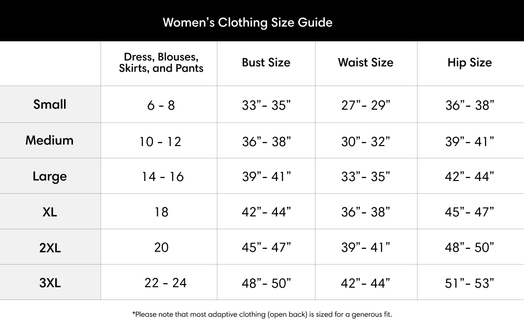 June Adaptive Size Chart for Silverts Women's Clothing
