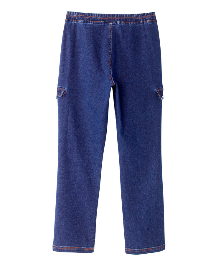 Wide and stretchy blue pull on cargo jeans