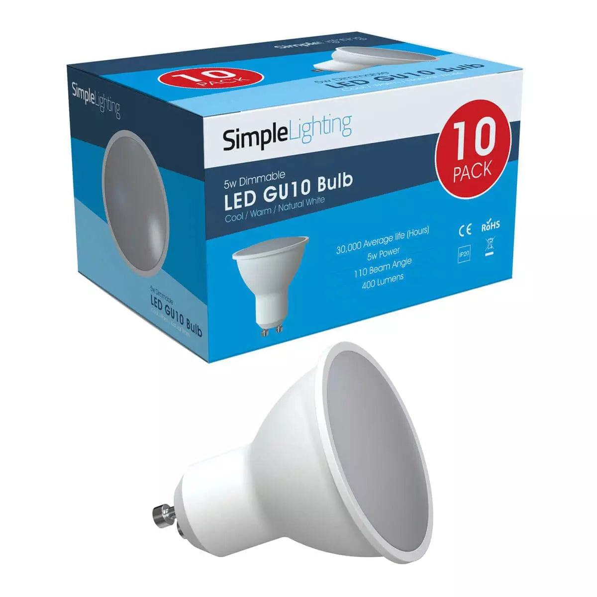 View 10 x 5w Dimmable GU10 LED Lamps information