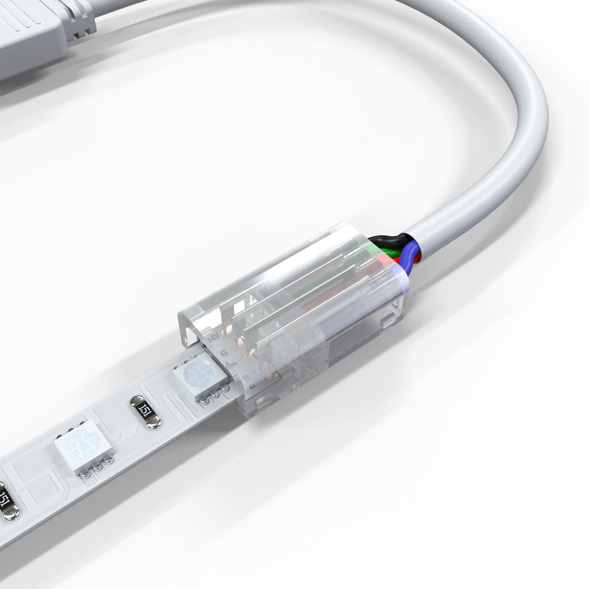 close up of a solderless LED strip light connection