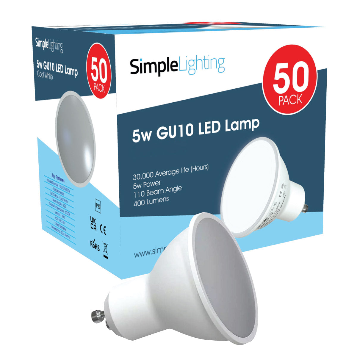 View 50 Pack 5w GU10 LED Bulbs information