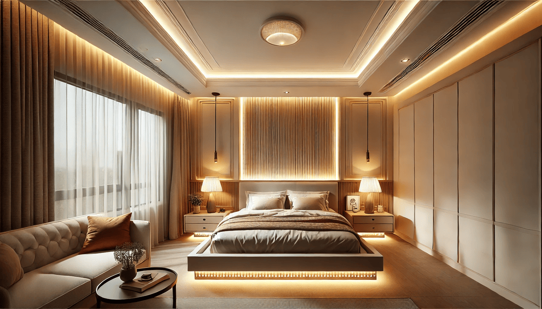 A bedroom with layered lighting (and LED strip lights)
