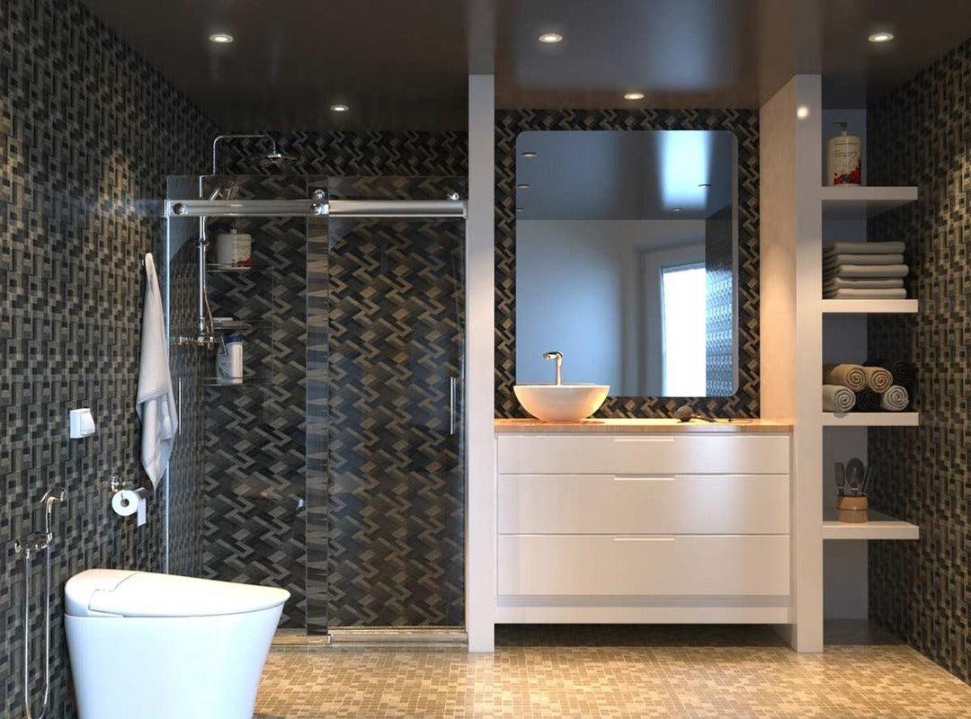 A bathroom with a vanity area and LED lights.
