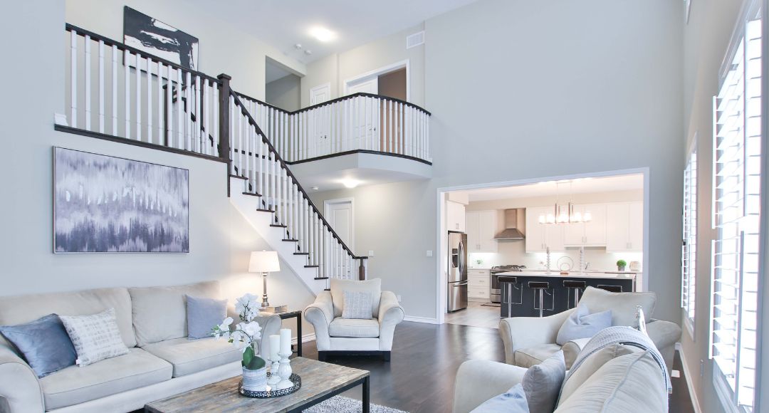 living room and open kitchen with lights