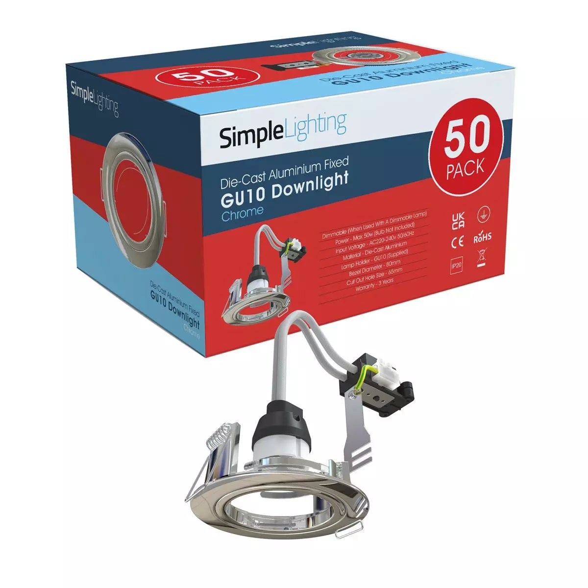 View Pack of 50 Fixed Die Cast GU10 Downlights in a Chrome Finish information