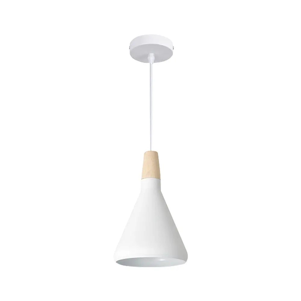 View Pendant Light White Cone Style Hanging with Round Edges and Wood Accent information