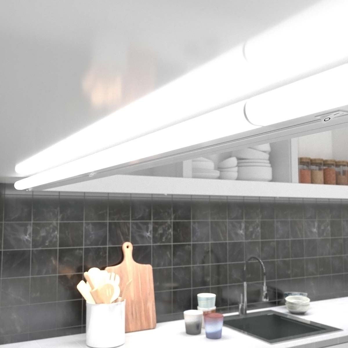 under cabinet lights in the kitchen with cool white light