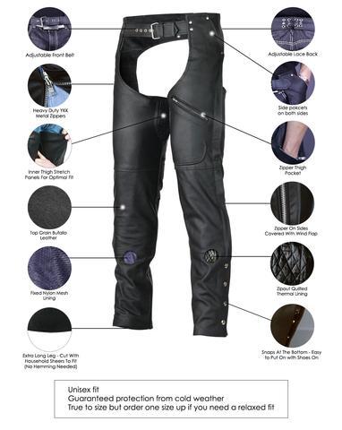 ZIP-OUT INSULATED AND LINED PLAIN BIKER LEATHER CHAPS - WCL Helmet