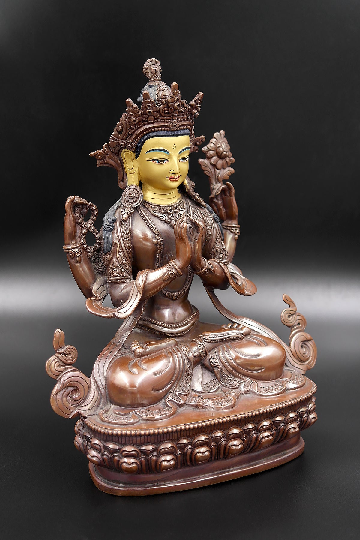 Copper Oxidized and Gold face painted Chenrezig Statue 8" Creative Chatra