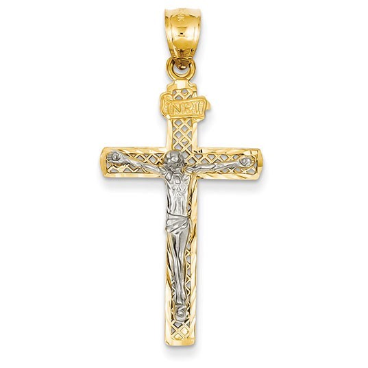 14k Two-tone INRI Fleur De Lis Crucifix Pendant