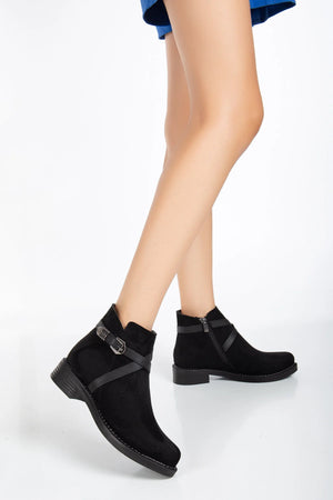 Women's Suede Thermo Sole Cross Strap Buckle Zipper Low Heel Boots - EverEase