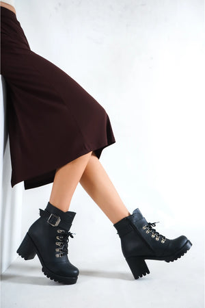 Black Leather Women's Hook Heel Boots - EverEase