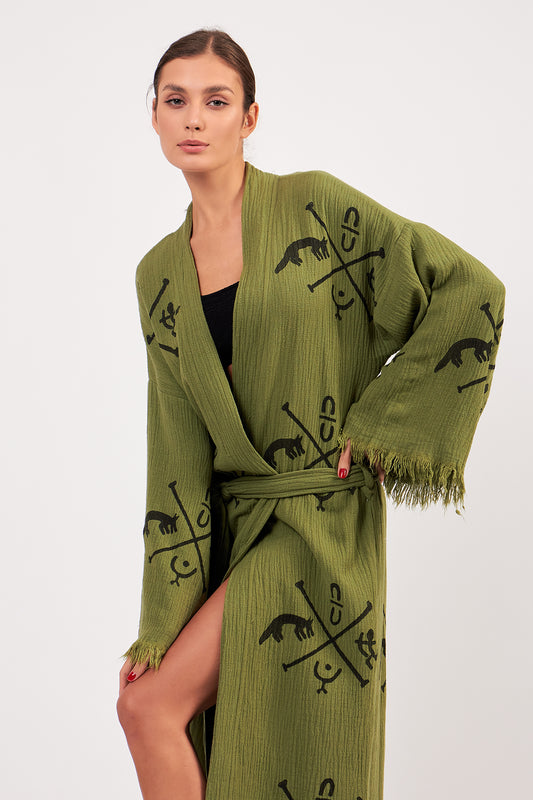Turkish Towel Kimono Bathrobe Ancient Design Green