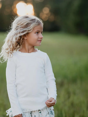 Kids White Lettuce Trim Lon Sleeve Shirt Fall Winter Top - Noelle Childrens Boutique