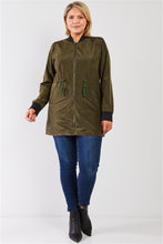 Load image into Gallery viewer, Olive Drawstring Trim Zip-up Fitted Coach Rain Jacket
