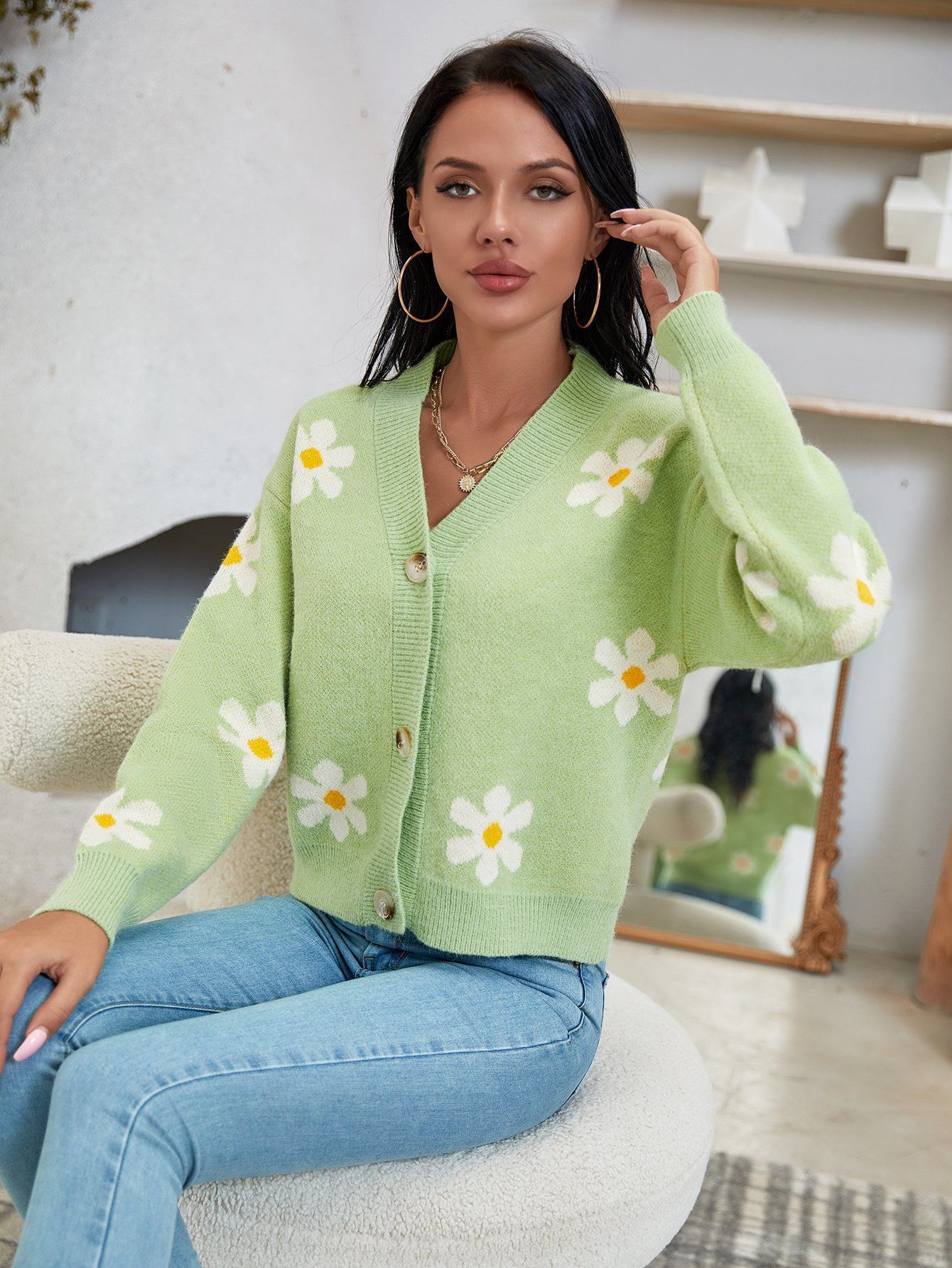 Sweet Daisy Front Button V-Neck Cardigan fashionline-s