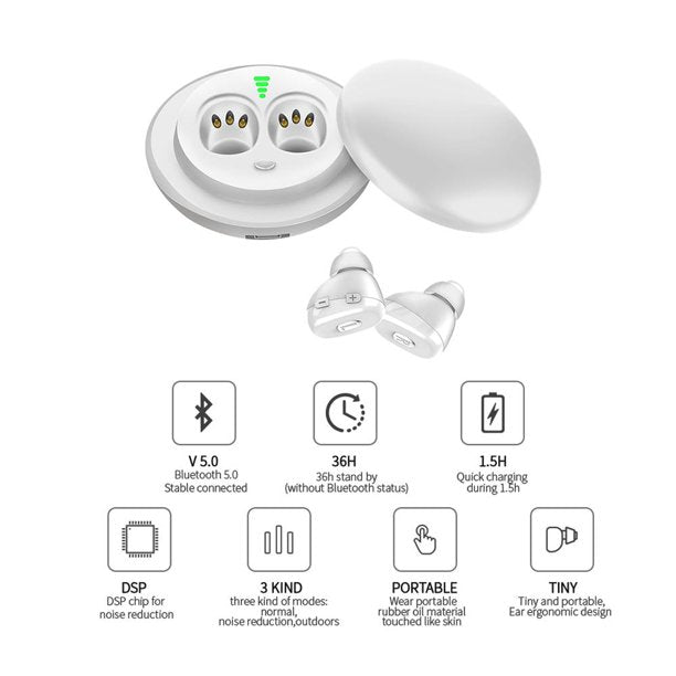 Bluetooth Hearing Aids for Ears, Rechargeable Hearing Amplifier for Senior, Inner-Ear Hearing Aid for Cellphone, TV and Music, Noise Reduction with Portable Charging Case, White
