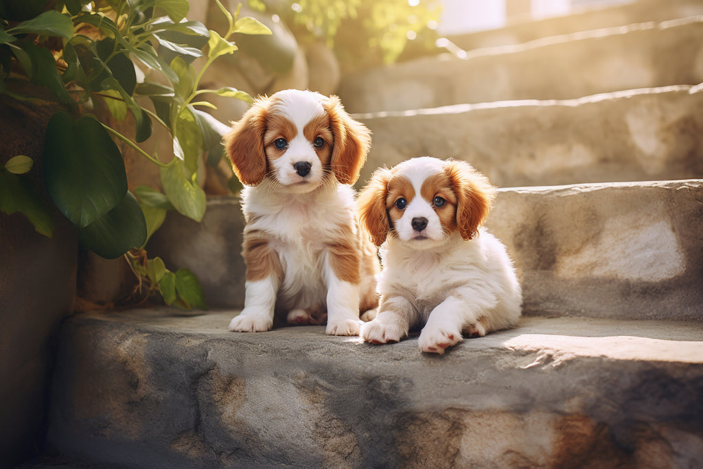 Two puppies on some stone steps