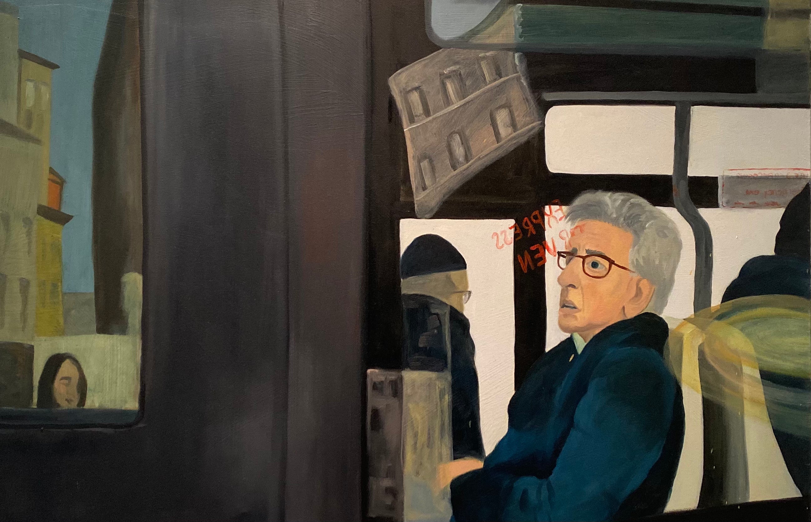 Oil painting of man on bus with reflections