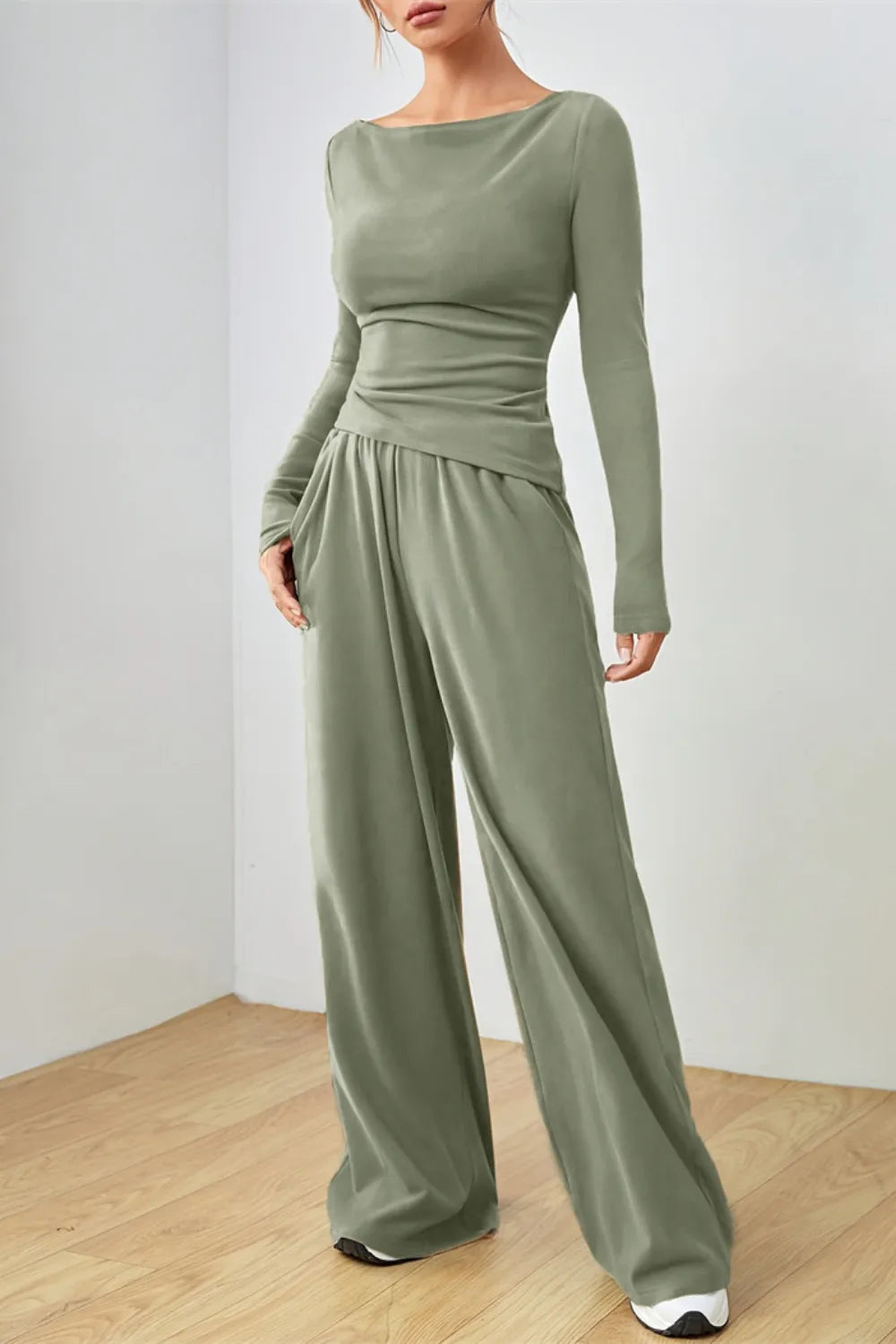 Boat Neck Long Sleeve Top and Pants Set