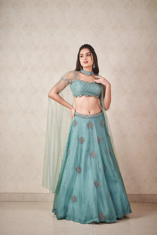 Sea green organza lehenga