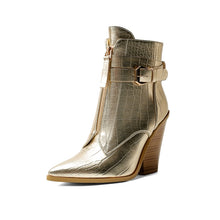 Load image into Gallery viewer, Gold Snake Print Ankle Boots for Women Wedge High Heels
