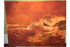 Cloning Neptune Gallery Image of Red and Orange Boat Painting from H Lee White Maritime Museum Oswego NY