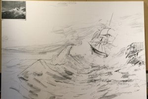 Cloning Neptune Gallery Image of Sketch Drawing of Ships and Waves from H Lee White Maritime Museum Oswego NY
