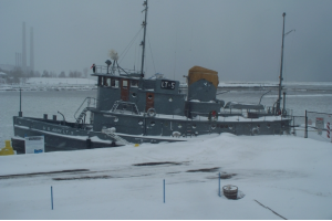 The LT-5, Major Elisha K. Henson boat on the sea in winter from H Lee White Maritime Museum Oswego NY